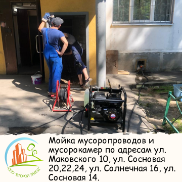 Мойка мусоропроводов и мусорокамер по адресам ул. Маковского 10, ул. Сосновая 20, 22, 24, ул. Солнечная 16, ул. Сосновая 14.